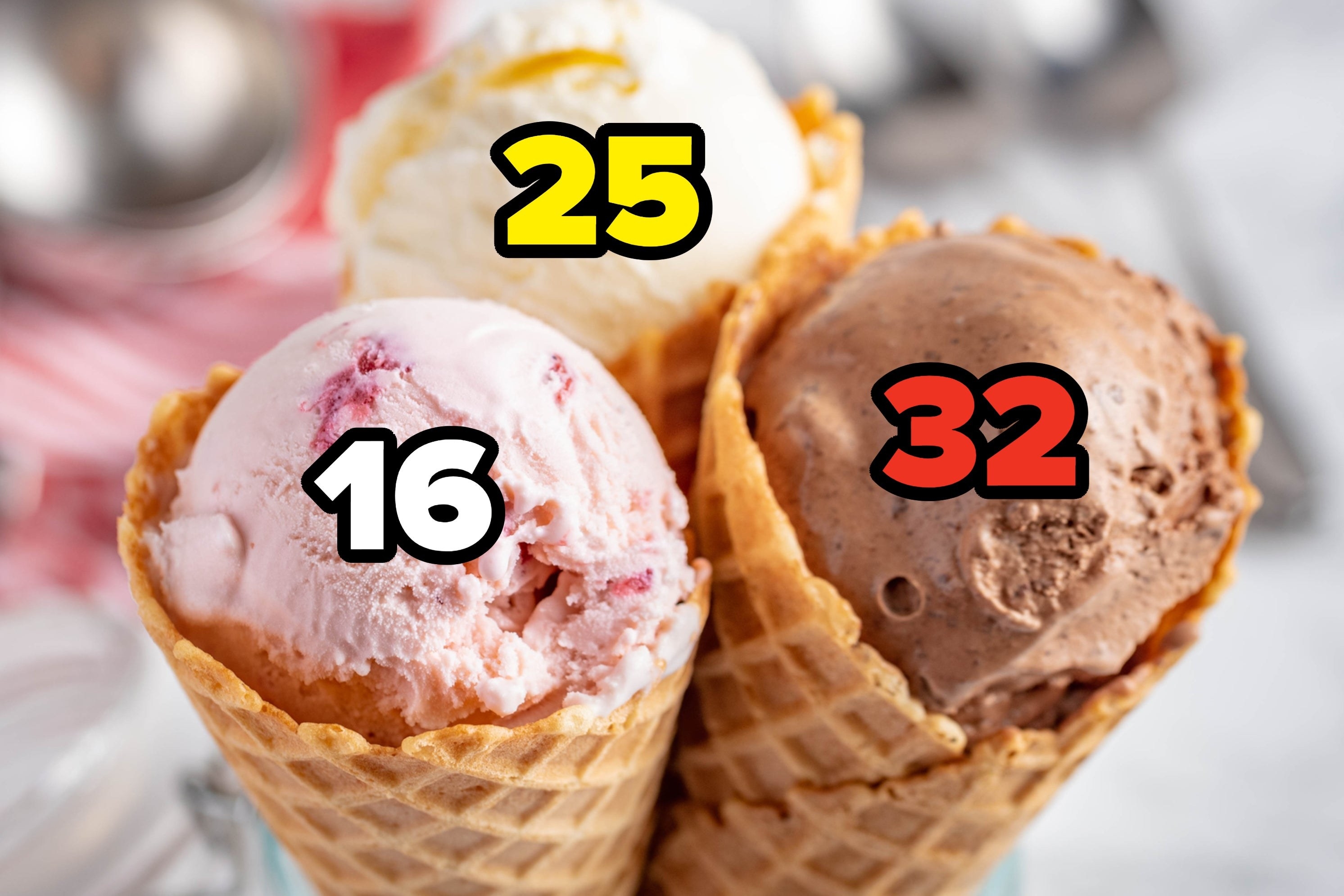 Strawberry ice cream with the number &quot;16,&quot; Vanilla ice cream with the number &quot;25,&quot; and chocolate ice cream with the number &quot;32.&quot;
