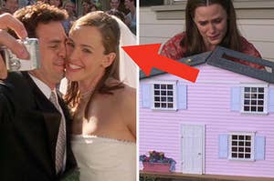 Jenna and Matt from 13 going on 30 on their wedding day on the left and jenna with her dollhouse on the right