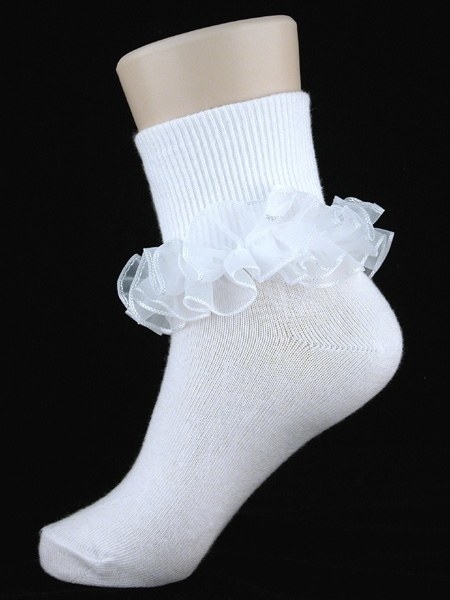 A white sock with a large pageant style ruffle 