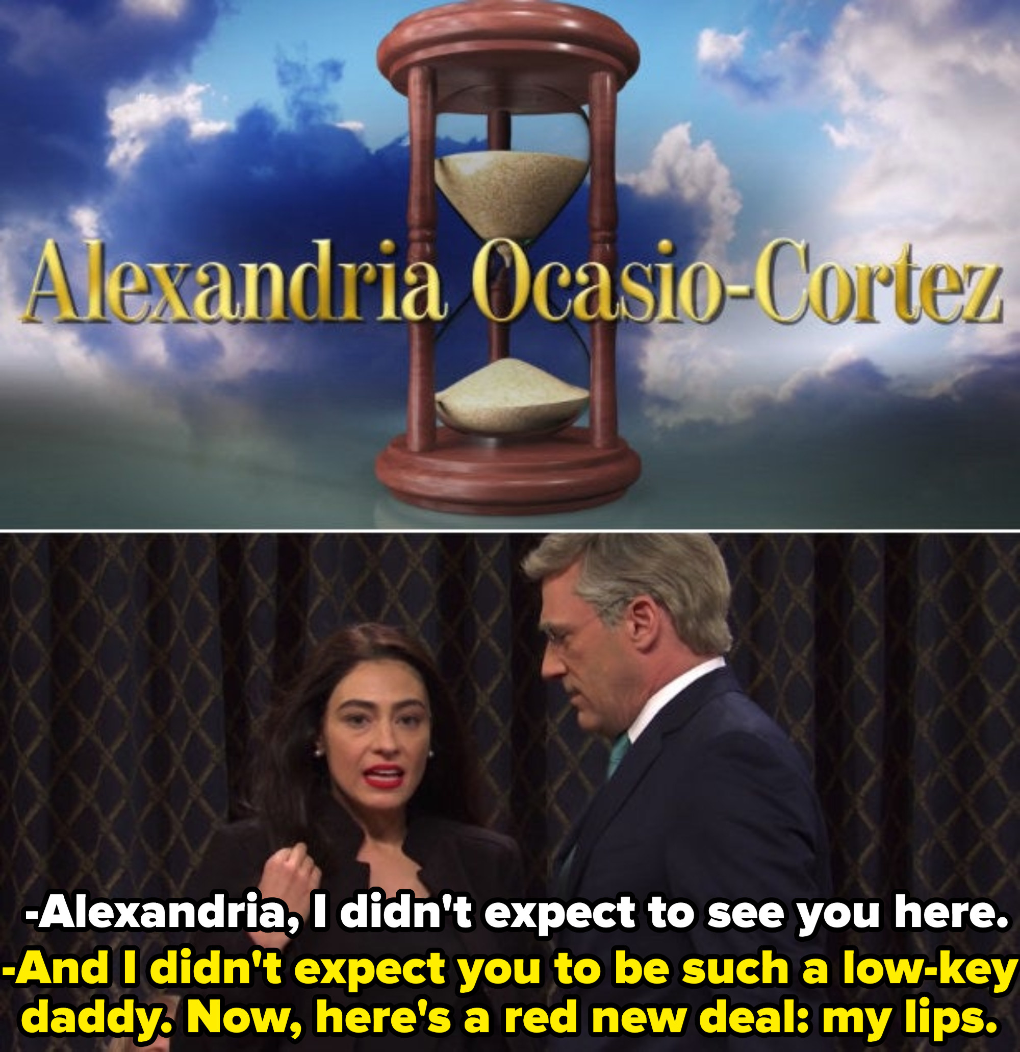 Melissa Villaseñor as Alexandria Ocasio-Cortez spoofing her use of &quot;millennial slang&quot; and wearing her signature red lipstick