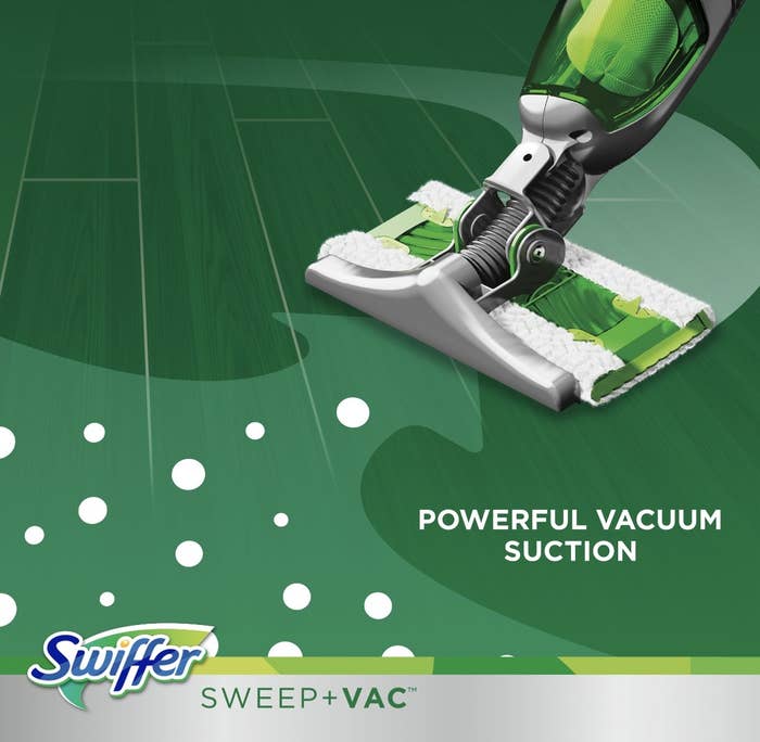 The Swiffer Sweep + Vac using its powerful vacuum suction