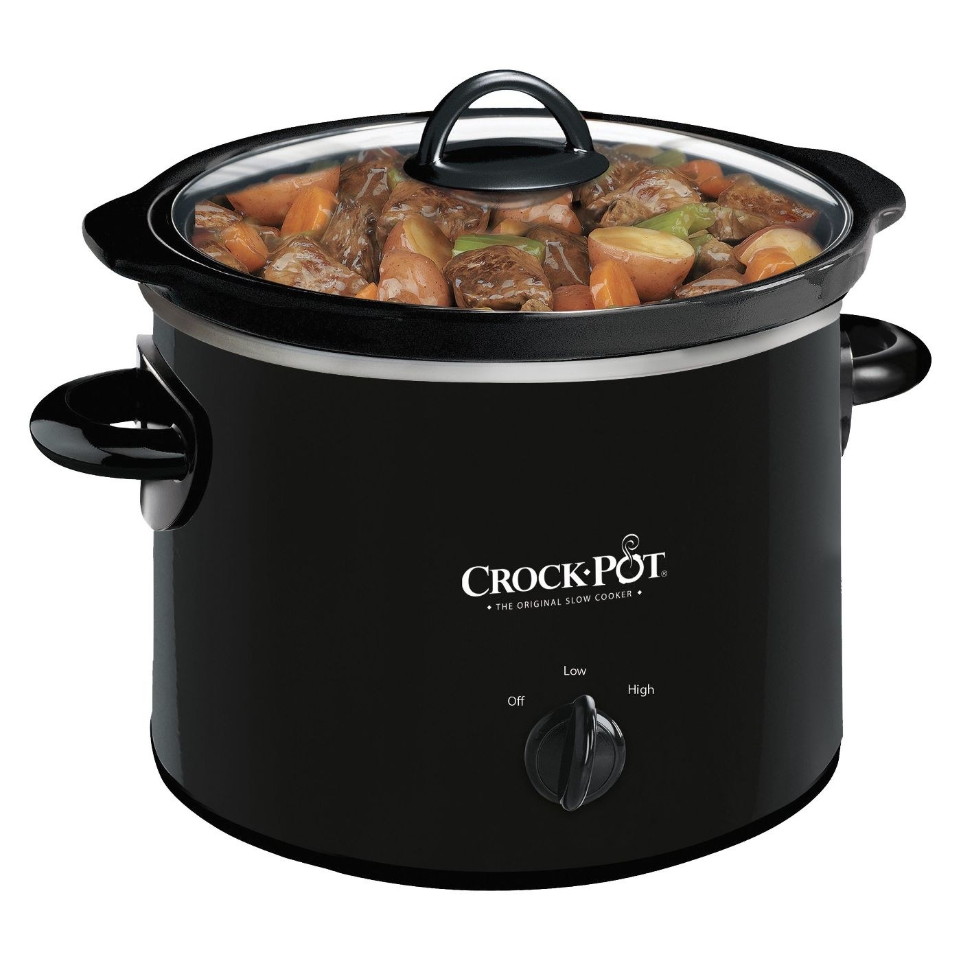 a black crock pot slow cooker with a stew inside 