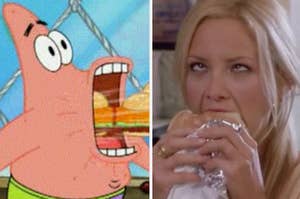 Patrick eating Krabby Patties on the left and Kate Hudson enjoying a burger on the right.
