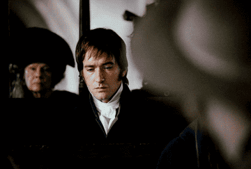 Mr. Darcy looking at Lizzie and Lizzie looking away when they make eye contact. 