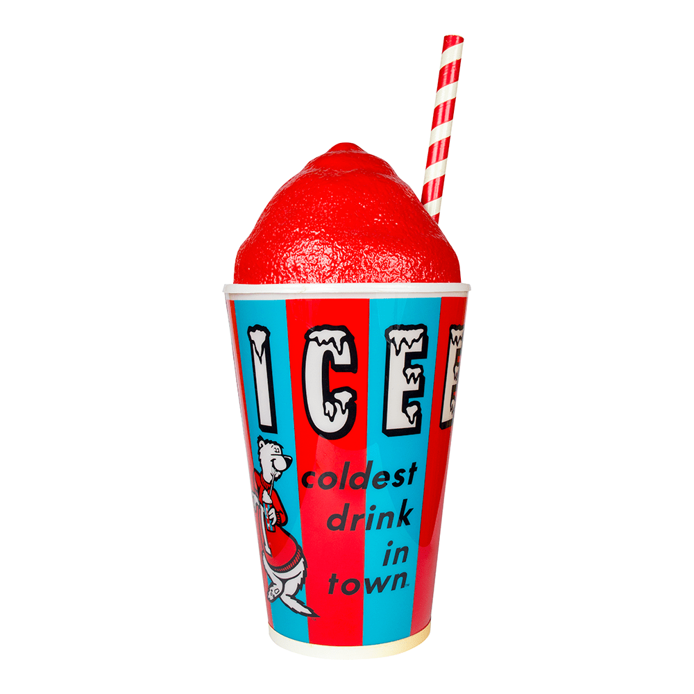 A classic Icee cup with plastic red Icee on top and a red and white straw