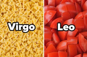Farfalle pasta noodles with the text "Virgo" and chopped tomatoes with the text "Leo"