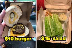 A tiny burger costing $10 and a sad salad for $15
