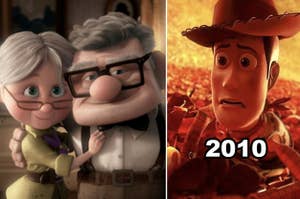 Side-by-side of Carl and Ellie from "Up," with Woody nearly being incinerated at the end of "Toy Story 3"