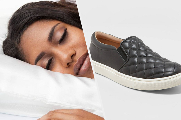 to the left: a model lying on a pillow, to the right: black quilted sneakers