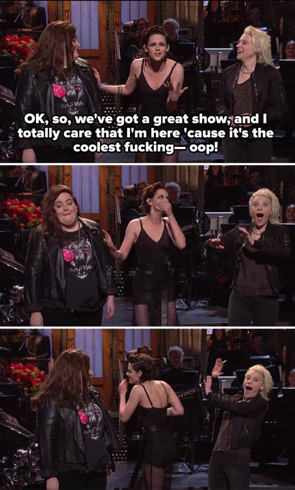 Stewart saying &quot;OK so, we&#x27;ve got a great show and I totally care that I&#x27;m here &#x27;cause it&#x27;s the coolest fucking- oop!&quot; and McKinnon and Bryant looking shocked