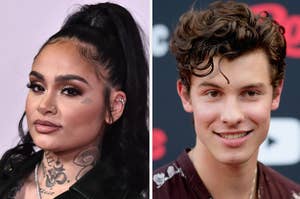 Kehlani posing on a red carpet and Shawn Mendes posing on a red carpet