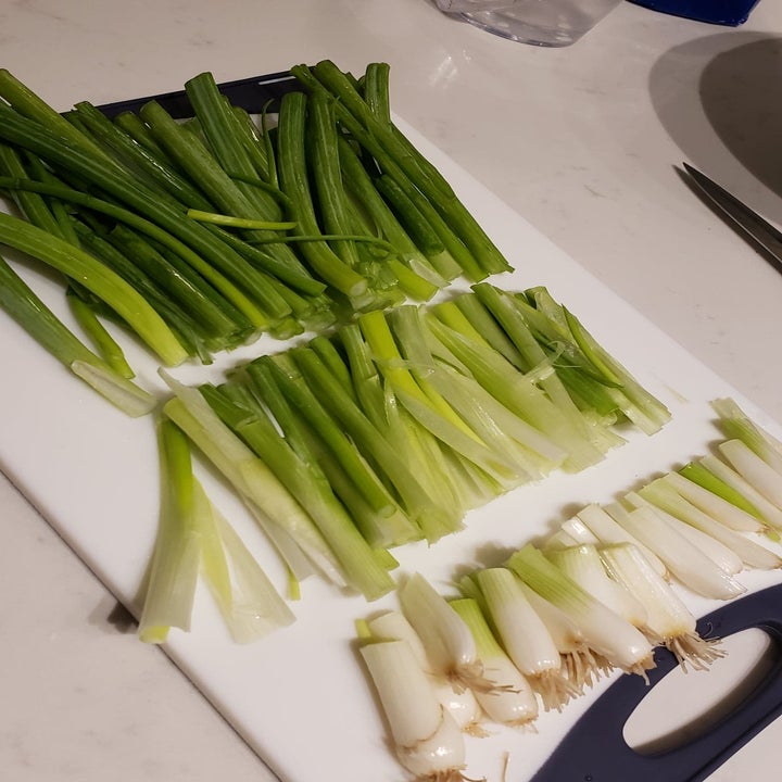 The same scallion stalks have been cut — once to the cut the ends off, and once to cut the stalks in the middle leaving two rows of scallion that are a few inches long