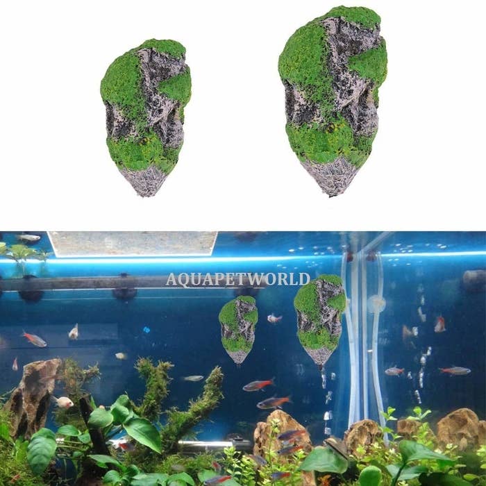 Floating rocks depicted individually in the top half of the image and in a fish tank in the bottom half.