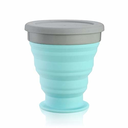 Blue silicone mug with grey lid.