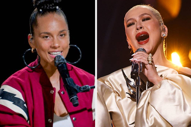 Alicia Keys singing at a piano / Christina Aguilera performing