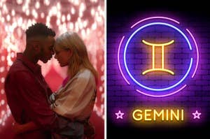 Two people are holding each other on the left with a Gemini neon sign on the right