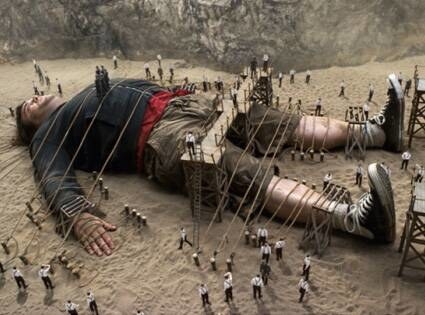 Jack Black as Gulliver is tied up by hundreds of tiny people