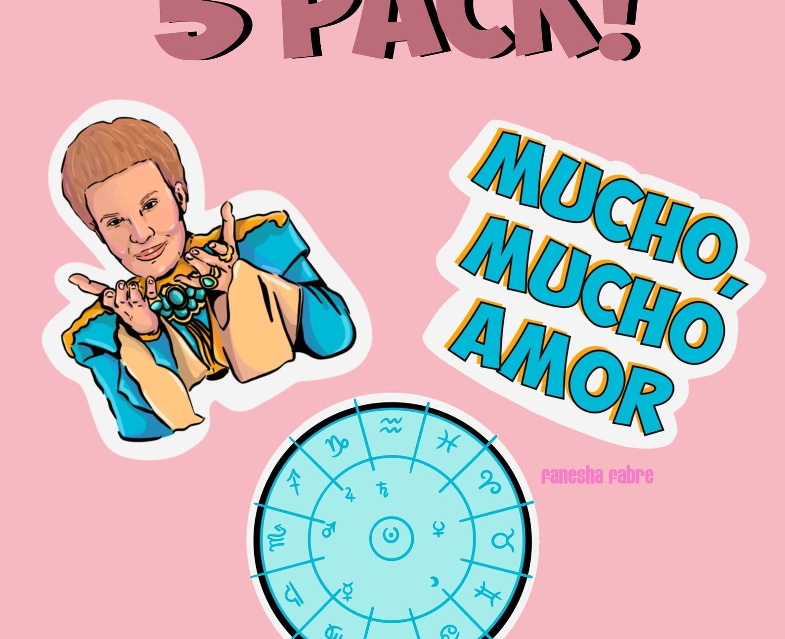 Three illustrated stickers of Walter Mercado, &quot;Mucho, Mucho Amor,&quot; and the zodiac symbol