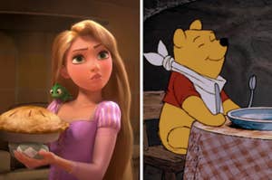 Rapunzel from "Tangled" holding a pie and Pooh Bear from "The Many Adventures of Winnie the Pooh" eating at Rabbit's house