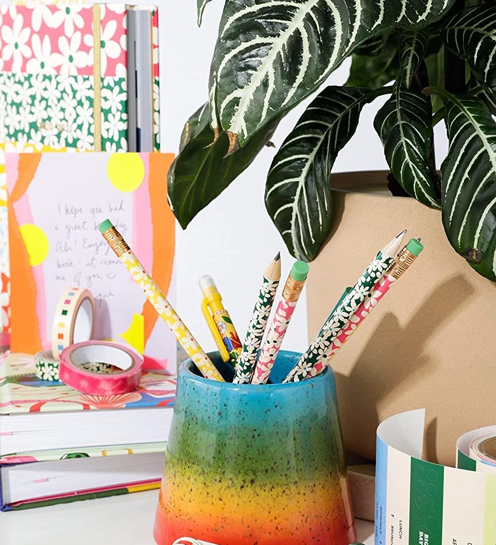 several floral pencils in a pencil holder