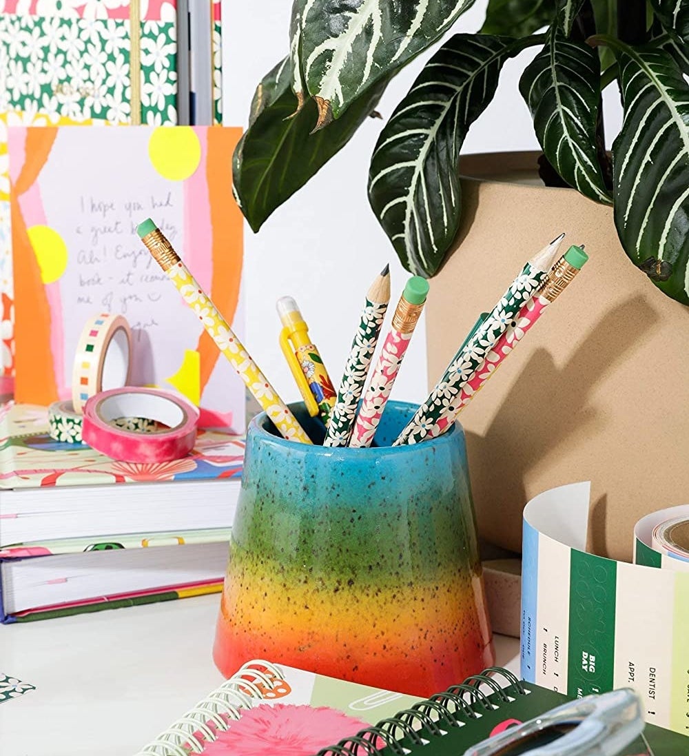 several floral pencils in a pencil holder