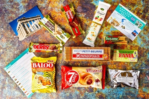 The Treats Greece box featuring various snacks from Greece 