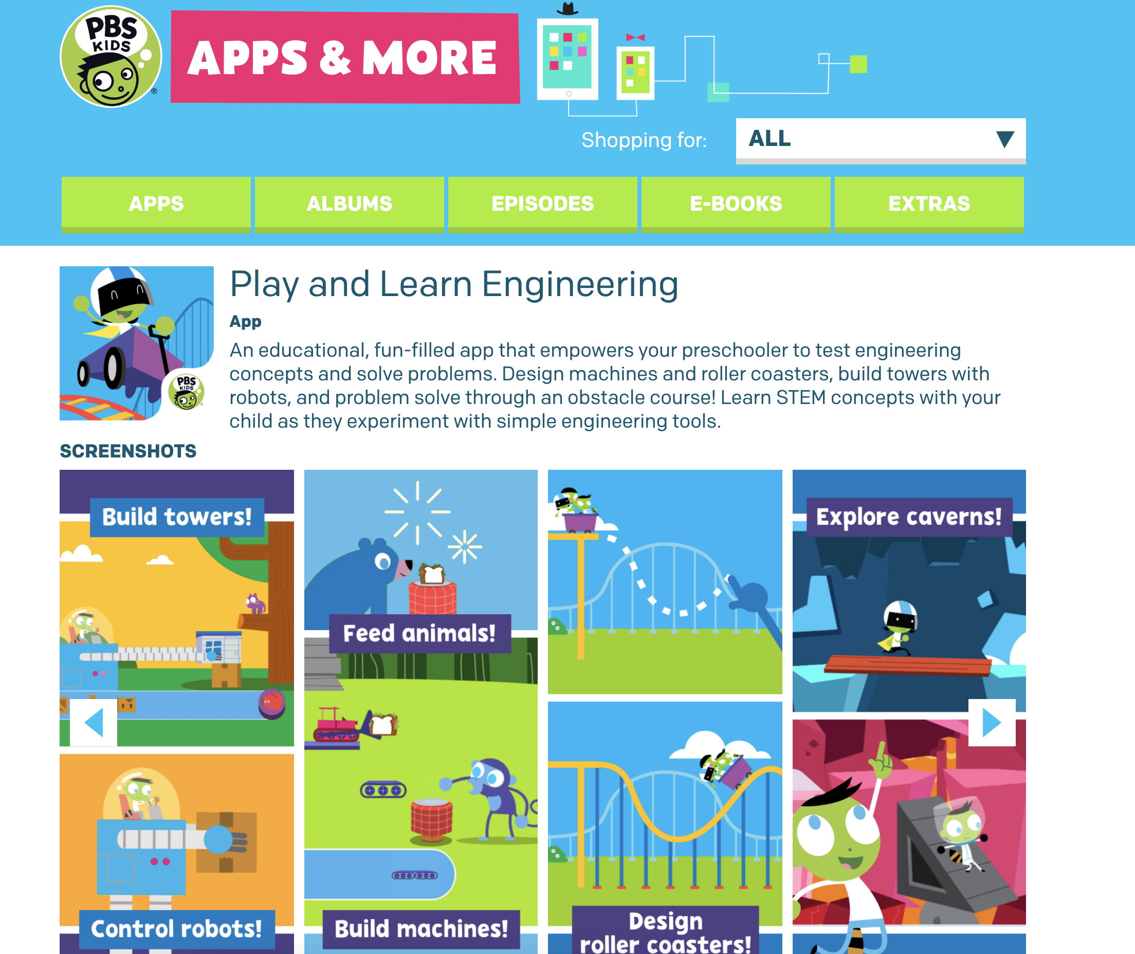 A screenshot of learning apps available on PBS Kids.