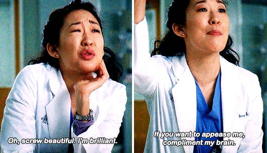 Cristina telling people to compliment her mind instead of her beauty at the hospital