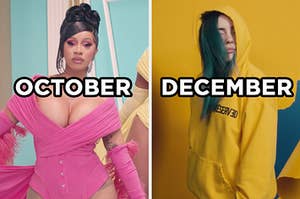 On the left, Cardi B in the "WAP" video with "October" typed on top of the image, and on the right, Billie Eilish in the "Bad Guy" music video with "December" typed on top of the image