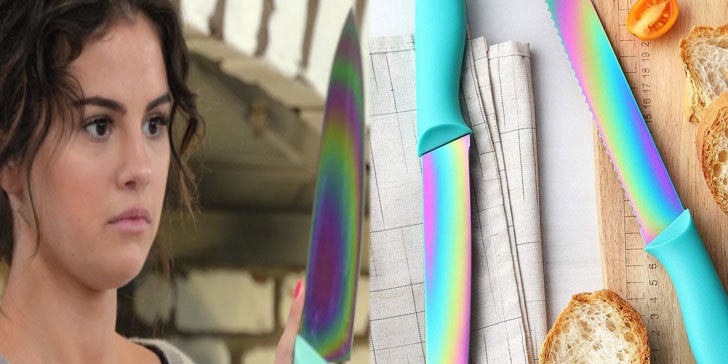 Selena Gomez's grey sweater and sweatpants and turquoise knife set
