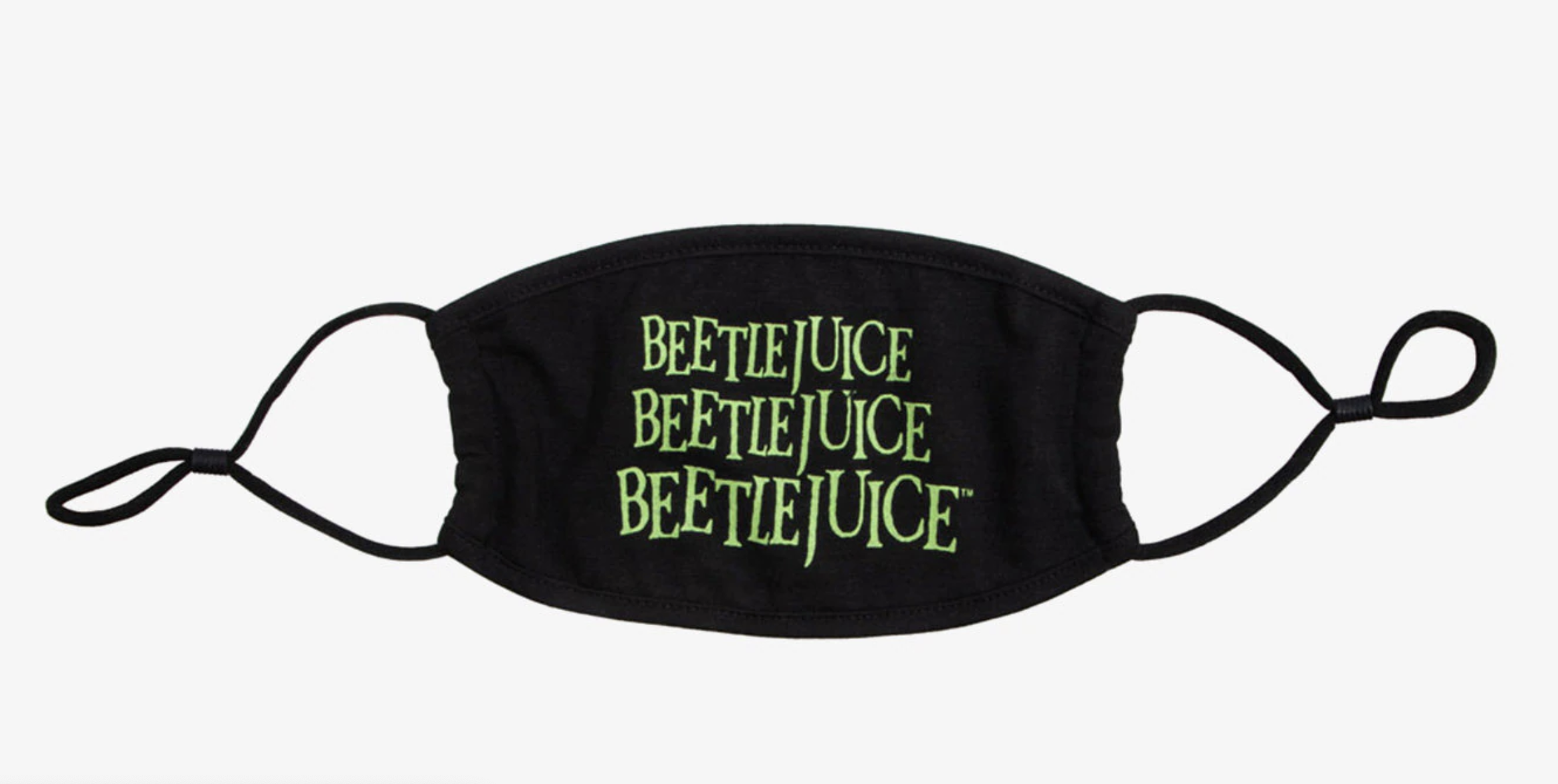 Black mask that says Beetlejuice three tiems 