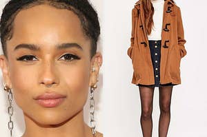 Zoë Kravitz and a model wearing a jacket and skirt.