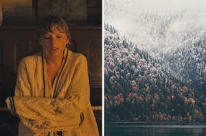 On the left, Taylor Swift wraps a cardigan around herself in the "Cardigan" music video, and on the right, a foggy forest full of evergreen trees