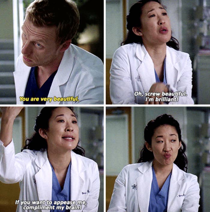 Owen complimenting Cristina&#x27;s beauty at the hospital when she wants him to compliment her brain instead