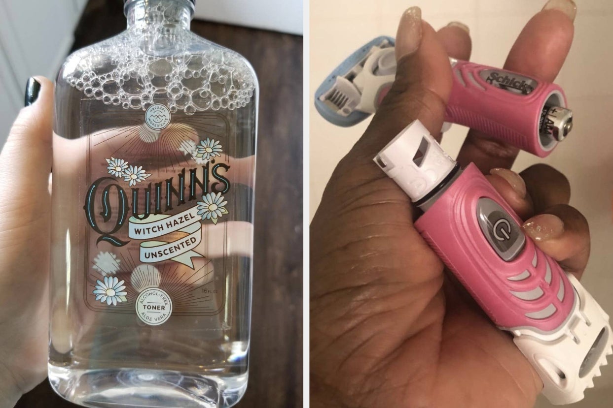 on the left, reviewer using witch hazel toner; on the right, reviewer holding pink razorf 
