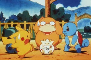 Pikachu and Squirtle and Bulbasaur with other pokemon