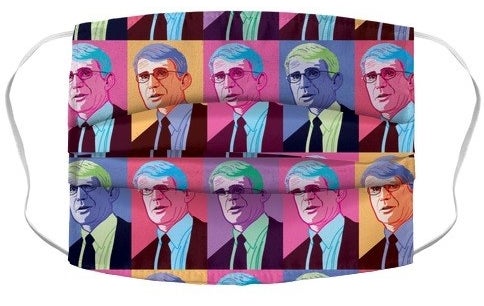 neon prints of dr. fauci on a face mask 
