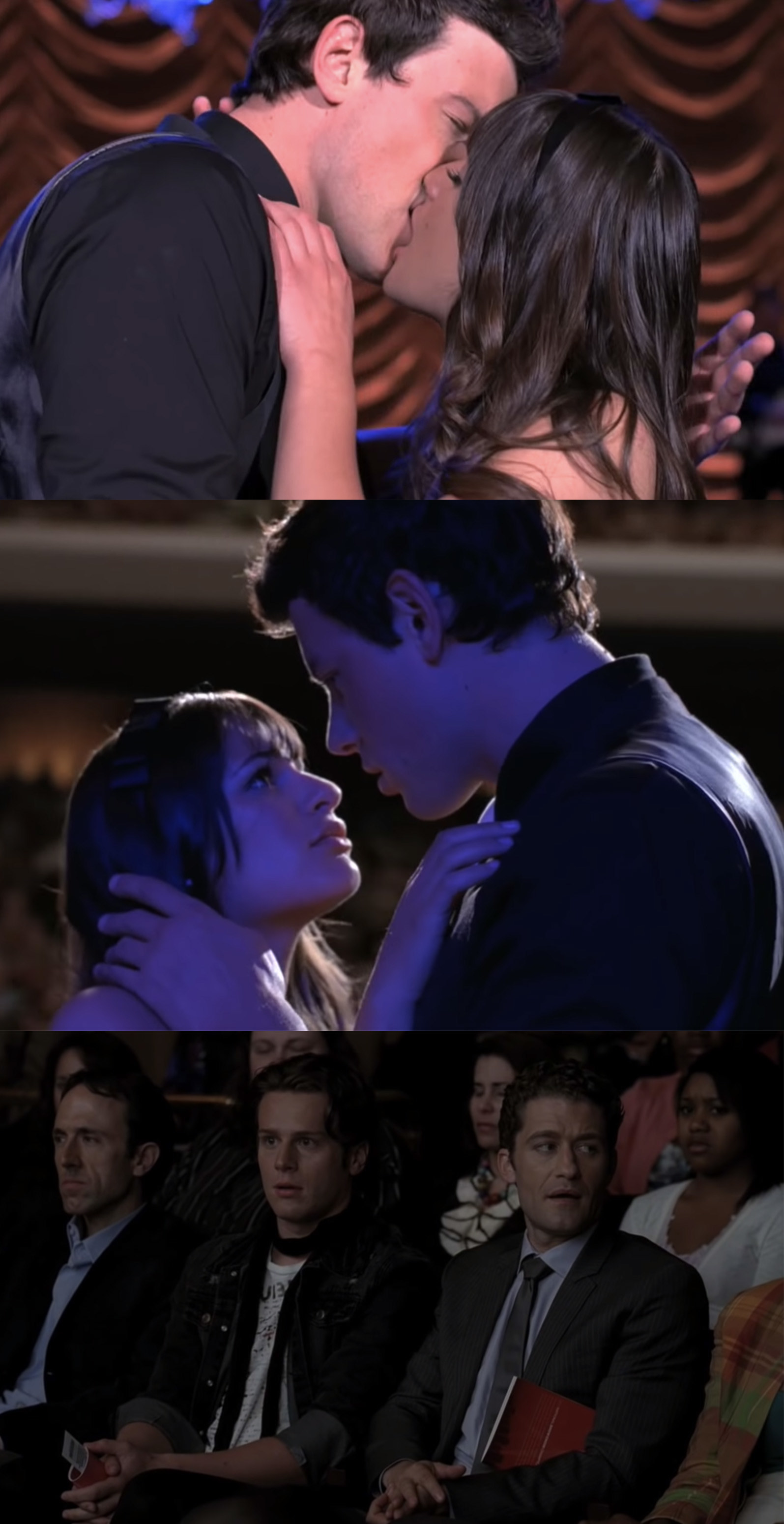 Finn and Rachel making out on stage while the audience uncomfortably stares at them. 