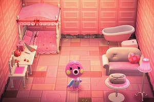 Marina the Octopus standing in her completely pink house