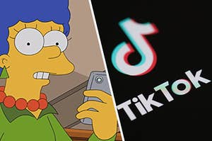 Marg Simpson is on the left holding a phone while the TikTok logo is on the right