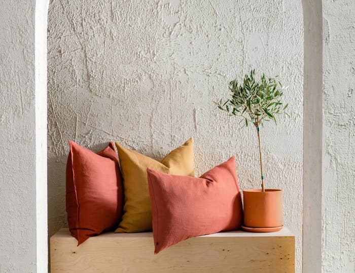 Two coral colored pillows and a rust colored pillow