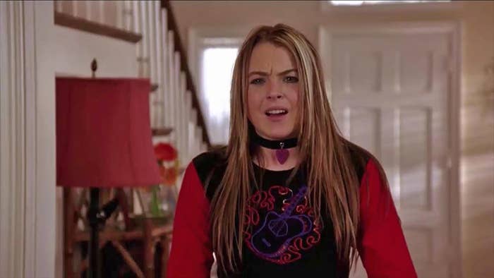 Lindsay Lohan squints her eyes and opens her mouth as if she&#x27;s about to argue as Anna in &quot;Freaky Friday&quot;