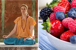 Elizabeth from "Eat Pray Love" is on the left meditating with a bowl of berries on the right