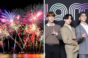 An image of a large cluster of fireworks next to an image of Jin Jungkook and RM from BTS 
