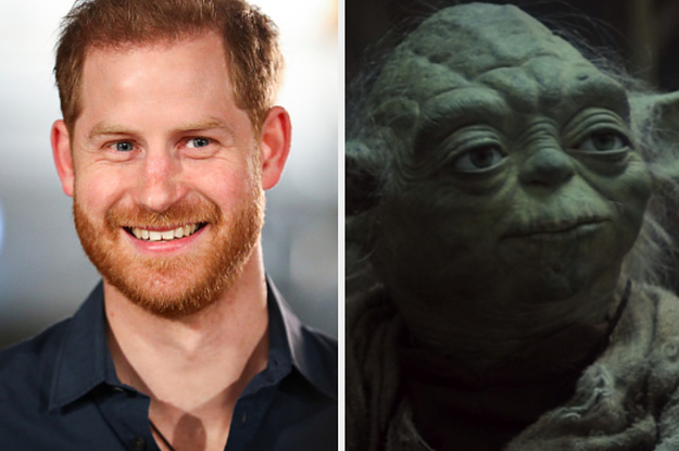 Side-by-side images of Prince Harry and Yoda