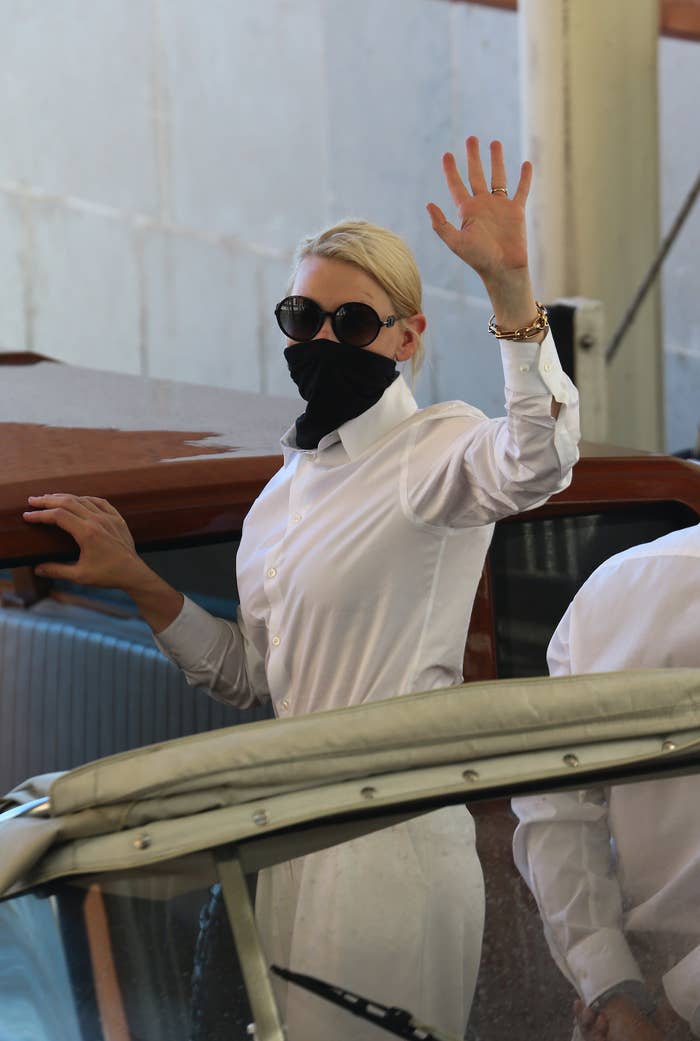 Cate Blanchett is seen arriving at Venice Airport during the 77th Venice Film Festival
