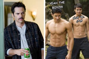 Left: Charlie Swan from "Twilight" holding a can of VB; Right: Paul and Embry saying "Yeah the boyz!" and "Shut up, c*nt"