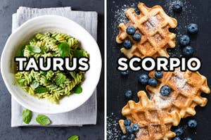 On the left, a bowl of pesto pasta labeled "Taurus," and on the right, three waffles topped with powdered sugar and blueberries labeled "Scorpio"