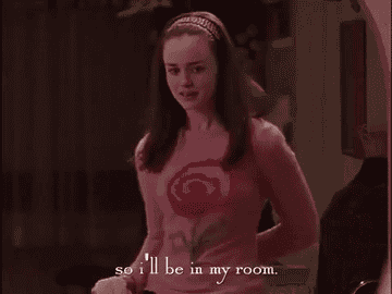 A GIF of a Girl pointing to her room and walking away with the text &quot;So I&#x27;ll be in my room.&quot;