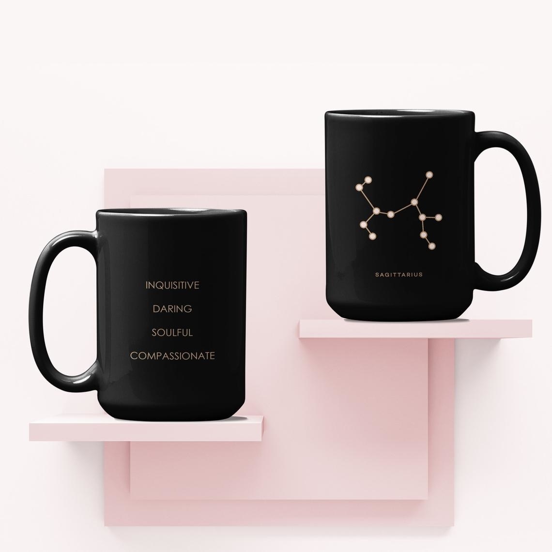 The front of the mug with the constellation and the back of the mug with the sign's key traits